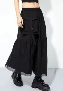 Fusta lunga cu insertie de tulle si buzunar aplicat, neagra imagine