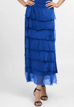 Fusta lunga cu volane suprapuse, din matase naturala, albastra imagine