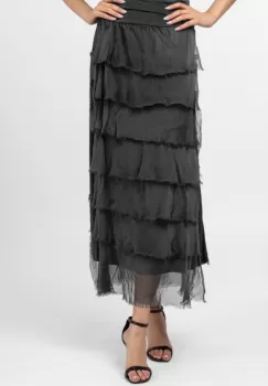 Fusta lunga cu volane suprapuse, din matase naturala, gri inchis imagine