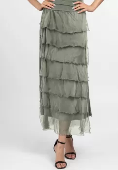 Fusta lunga cu volane suprapuse, din matase naturala, kaki imagine