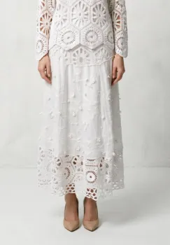 Fusta lunga din bumbac cu broderie, croi lejer, eleganta, alba imagine