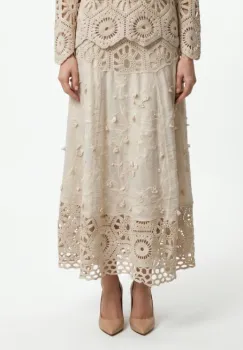 Fusta lunga din bumbac cu broderie, croi lejer, eleganta, bej imagine