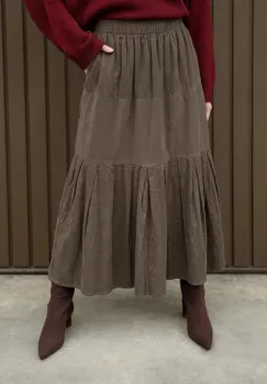 Fusta lunga din catifea reiata ampla cu volane, bej inchis imagine