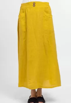 Fusta lunga din in, cu doi nasturi de lemn pe talie, galbena imagine