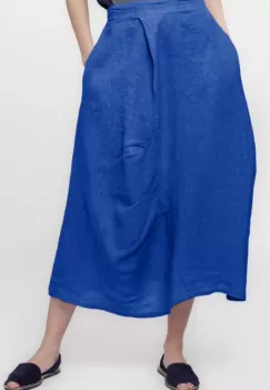Fusta lunga din in, cu falduri, albastra imagine