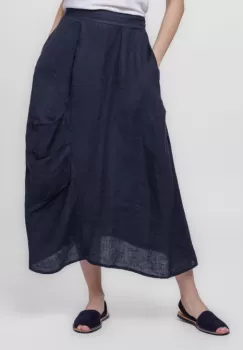 Fusta lunga din in, cu falduri, bleumarin imagine