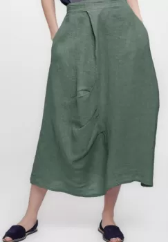 Fusta lunga din in, cu falduri, kaki imagine