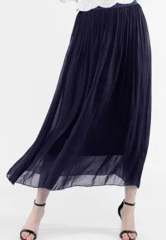 Fusta lunga din matase si vascoza, cu banda elastica, bleumarin inchis imagine