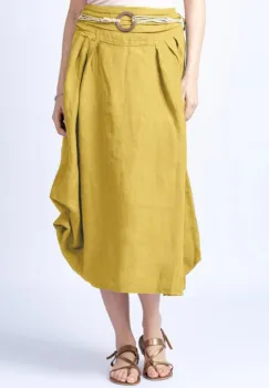Fusta lunga galbena cu poale prinse, din in, cu o curea fancy imagine