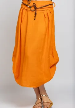 Fusta lunga portocalie cu poale prinse, din in, cu o curea fancy imagine