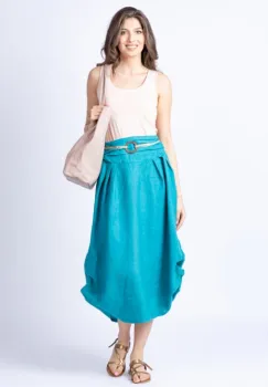 Fusta lunga turcoaz cu poale prinse, din in, cu o curea fancy imagine