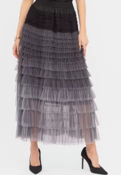 Fusta maxi din tulle, cu volane suprapuse, in degrade gri-negru imagine