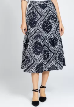 Fusta midi alb-negru din bumbac, cu volane imagine