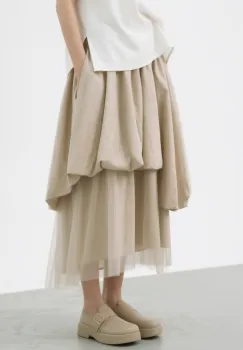 Fusta midi ampla cu straturi si tulle, cu volum si design asimetric, bej imagine