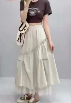 Fusta midi ampla cu volane, falduri si tulle,bej imagine