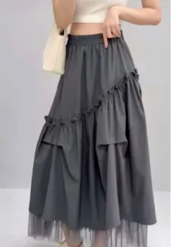 Fusta midi ampla cu volane, falduri si tulle, gri imagine