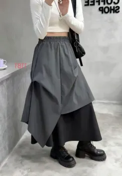 Fusta midi asimetrica cu suprapuneri, gri peste negru imagine