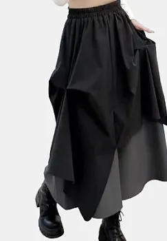 Fusta midi asimetrica cu suprapuneri, negru peste gri imagine