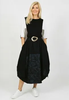 Fusta midi balon din vascoza, cu colturi si insertie material texturat satinat, neagra imagine