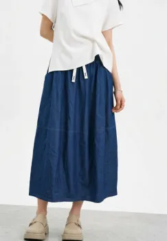 Fusta midi din denim subtire bleumarin cu talie elastica si snur imagine