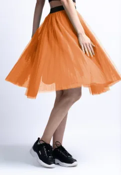 Fusta midi din tulle plisat, portocalie imagine