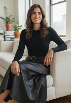 Fusta midi evazata, cu volan, din piele ecologica, cu talie elastica, neagra imagine