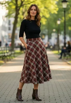 Fusta midi evazata in carouri bordo cu bej, cu talie inalta si buzunare laterale imagine