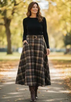 Fusta midi evazata in carouri, cu talie inalta si buzunare laterale, im5 imagine