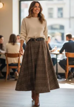 Fusta midi evazata in carouri, cu talie inalta si buzunare laterale, im7 imagine