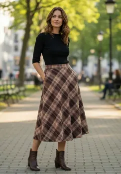 Fusta midi evazata in carouri maro cu bej, cu talie inalta si buzunare laterale imagine