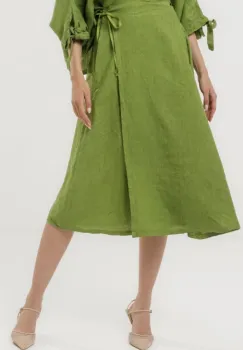 Fusta midi in stil petrecut din in, verde olive imagine