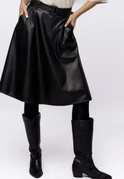 Fusta midi neagra, A-line, din piele ecologica imagine