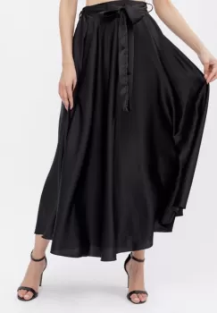 Fusta neagra din satin, cu elastic si cordon in talie imagine