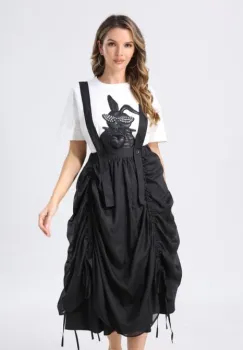 Fusta neagra drapata din bumbac cu suprapunere satinata, cu bretele imagine