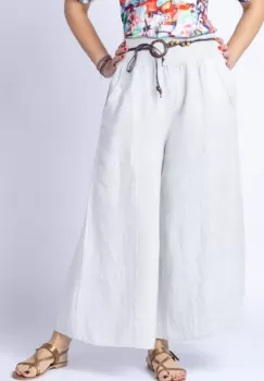 Fusta pantalon alba, casual, din in, cu o curea fancy imagine