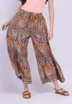 Fusta pantalon ampla din matase indiana cu portocaliu. bleumarin si verde imagine