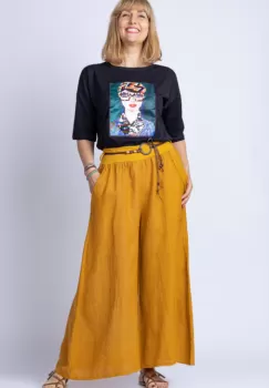 Fusta pantalon casual, mustar, din in, cu o curea fancy imagine