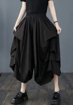 Fusta pantalon dama cu falduri volumetrice si efect balon, neagra imagine