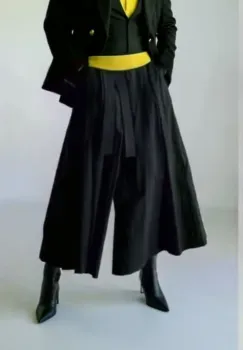 Fusta pantalon midi ampla cu talie inalta si cordon, neagra imagine