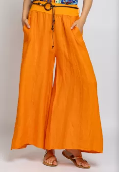 Fusta pantalon portocalie casual, din in, cu o curea fancy imagine