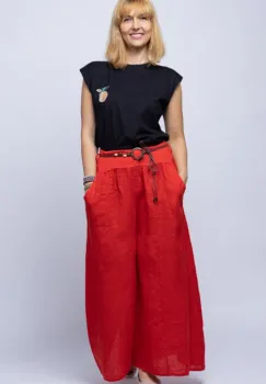 Fusta pantalon rosie casual, din in, cu o curea fancy imagine