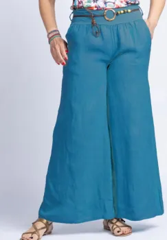 Fusta pantalon turcoaz inchis casual, din in, cu o curea fancy imagine