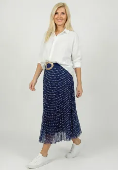 Fusta plisata din satin cu buline alb-bleu pe fond bleumarin imagine