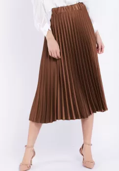 Fusta plisata, satinata, midi, camel imagine