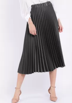 Fusta plisata, satinata, midi, gri imagine