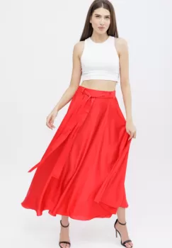 Fusta rosie clos din satin, cu elastic si cordon in talie imagine