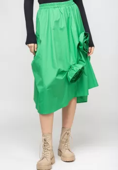 Fusta verde din bumbac satinat cu aplicatii sub forma de boboc imagine