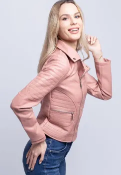 Geaca biker roz din piele ecologica imagine