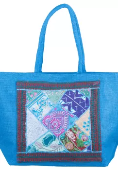 Geanta albastra din material textil natural tip sac, cu aplicatie unicat, brodata manual imagine