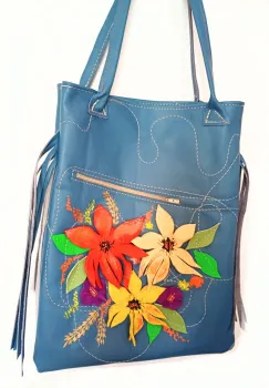 Geanta albastra handmade  din piele naturala ,cu flori 3D  pictate,unicat imagine